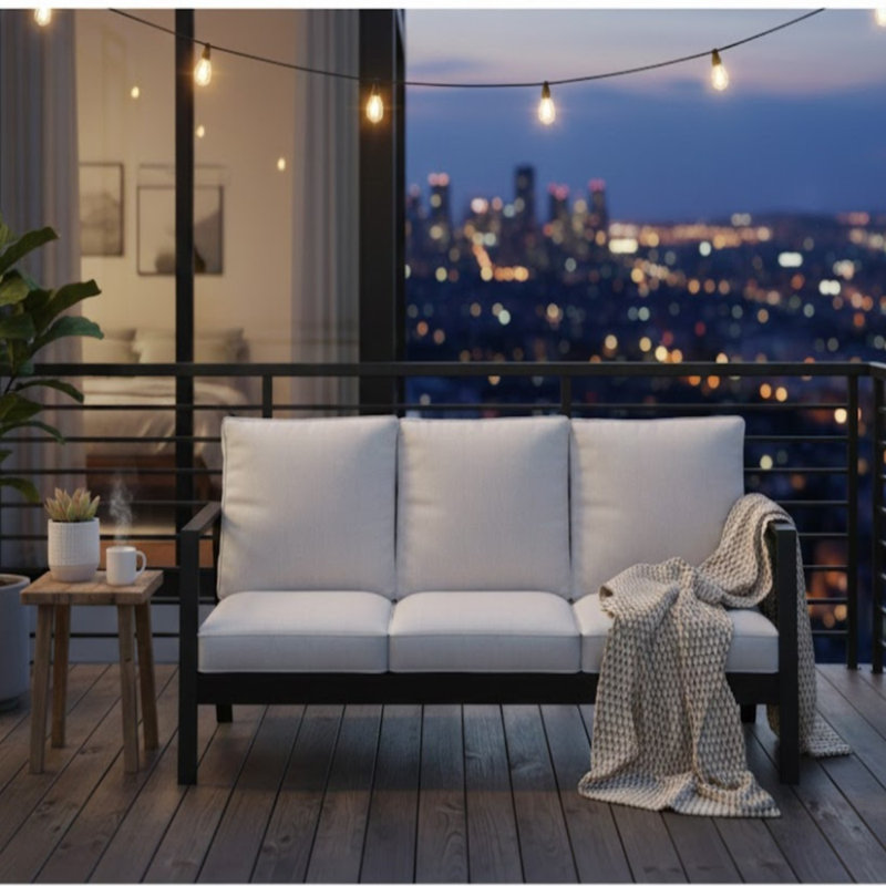 75" All-Weather Aluminum 3-Seat Patio Sofa With Thick Light Gray Cushions & Black Frame, Gray