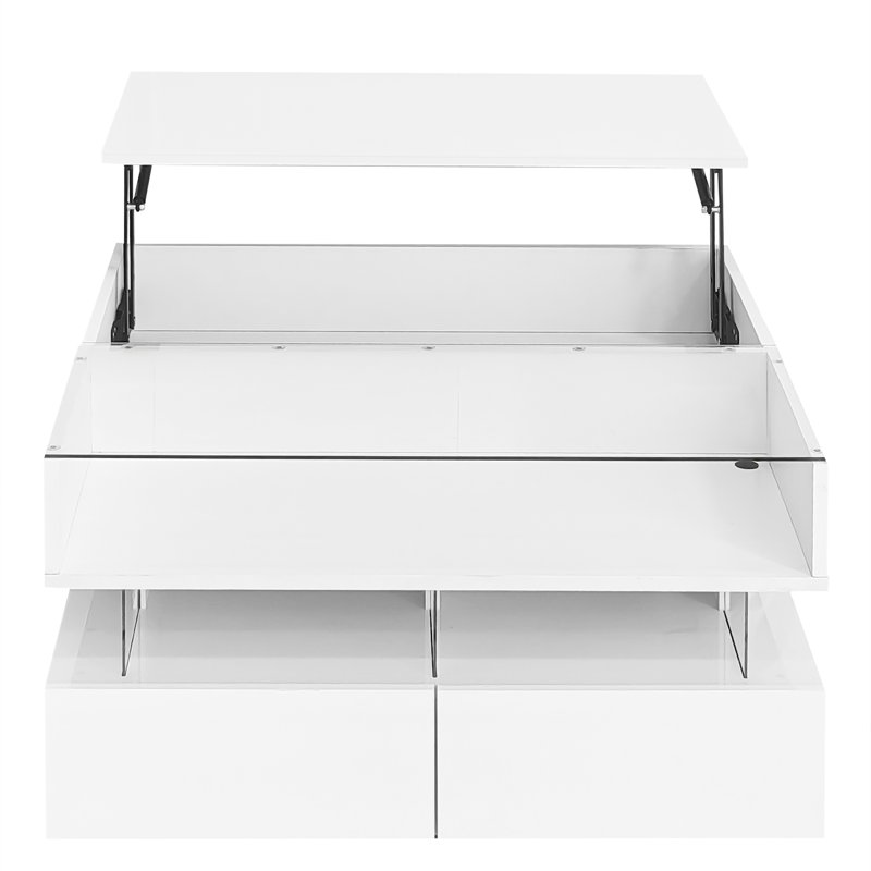 Table basse avec 2 tiroirs, plateau en verre et finition à DEL