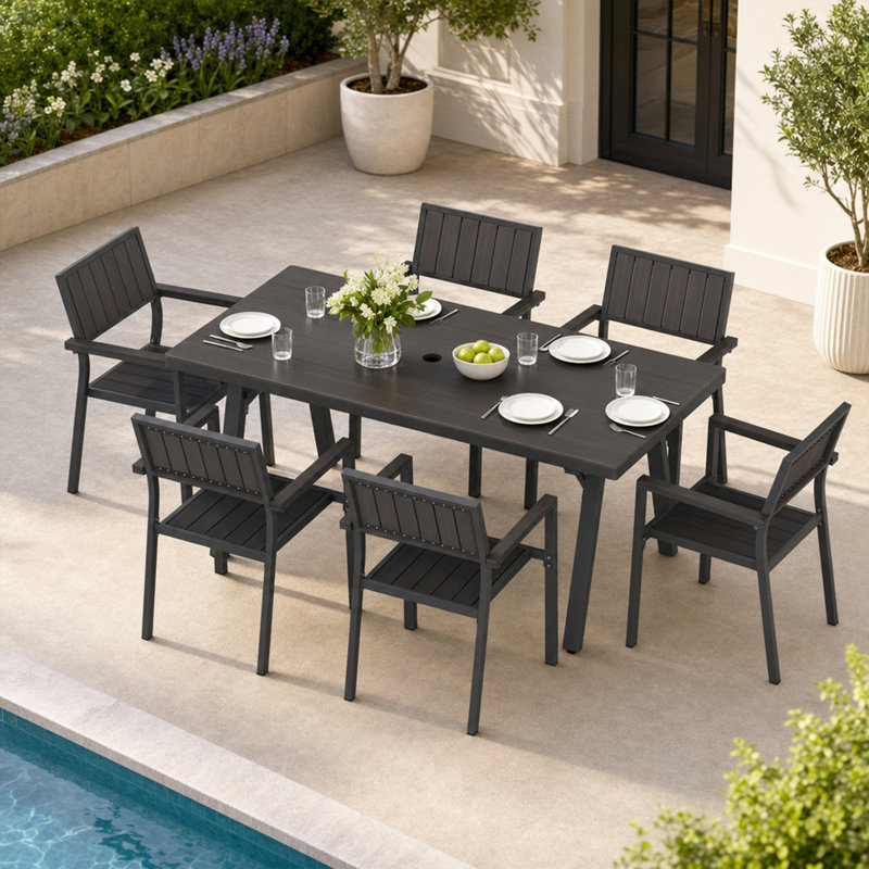 Chamblee Nika Outdoor 7-Piece Dining Set, Aluminum Alloy,Suitable For Patio Gatherings, 6, Black