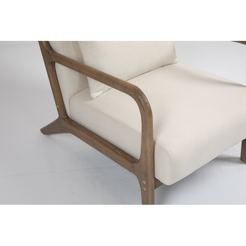  Mid Century Modern Accent Chair – Antique White Cotton Linen Upholstered Reading Armchair with Waist Cushion