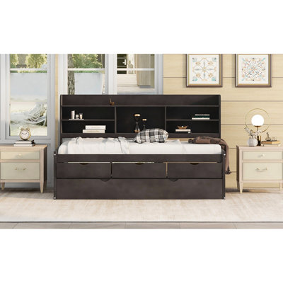 Antique Gray Twin Bed With Built-In Book Shelving Compartments, 3 Large Storage Drawers And Trundle Bookshelves, Three Design