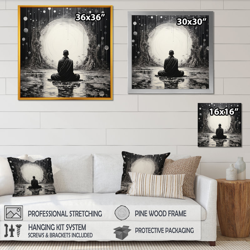 Statue de bouddhisme zen sur toile, Cadre flottant noir, H 16 po x l 16 po x P 1 po