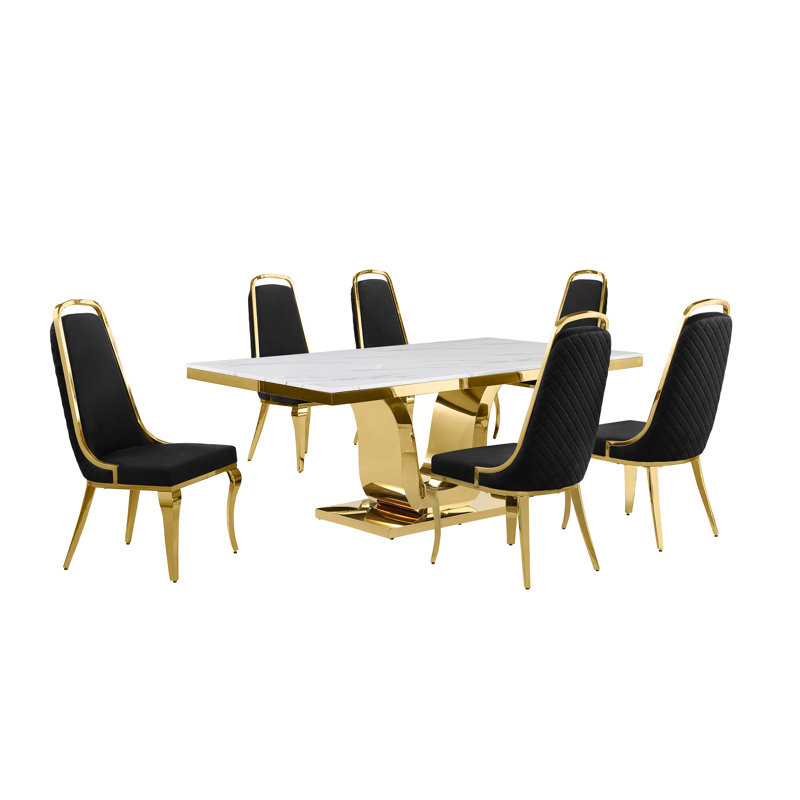 Kimoria Marble Top Pedestal Dining Set, Black, 7