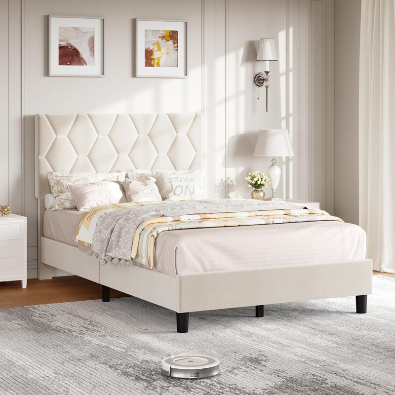 Heavy-Duty Platform Bed Frame, With Height Adjustable Fabric Headboard, Beige, Twin
