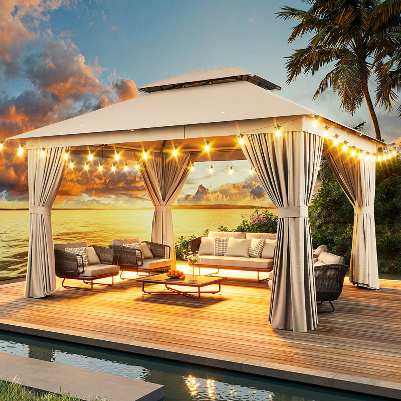 12 Ft. W x 10 Ft. D Outdoor Gazebo With Double Roof, Spacious Canopy With Netting & Curtains, For Patio, Lawn & Backyard