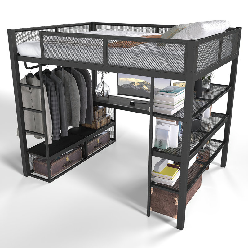 Grand lit mezzanine avec tablettes de rangement, lit mezzanine en métal avec tringle à vêtements et bureau, conception sans sommier nécessaire, noir