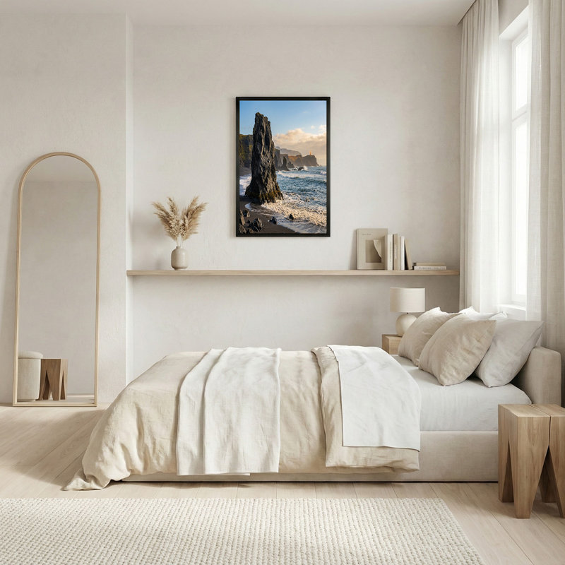 Rock Formation and Lighthouse on Black Sand Beach Canvas Wall Art, 28"H x 40"W