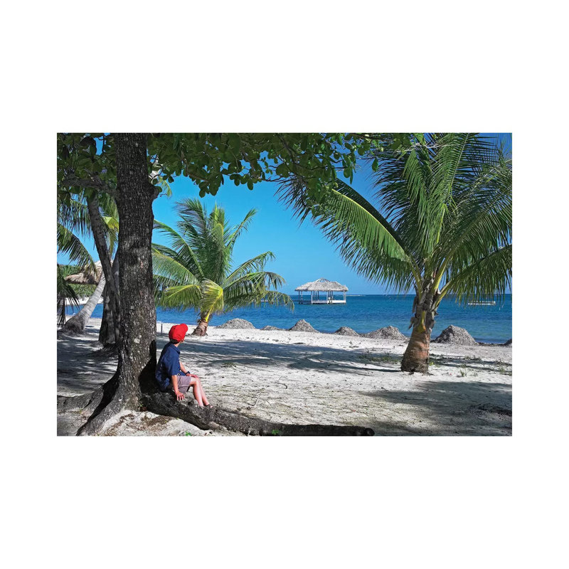 Tourist Resting Under Palm Trees On Beach At Palmetto Bay, Roatan Island, Honduras by Tim Fitzharris - Wrapped Canvas Print