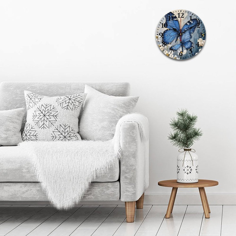 Horloge murale papillon bleue et blanche, 12 po x 12 po, pour le balcon et la décoration de chambre d'amis