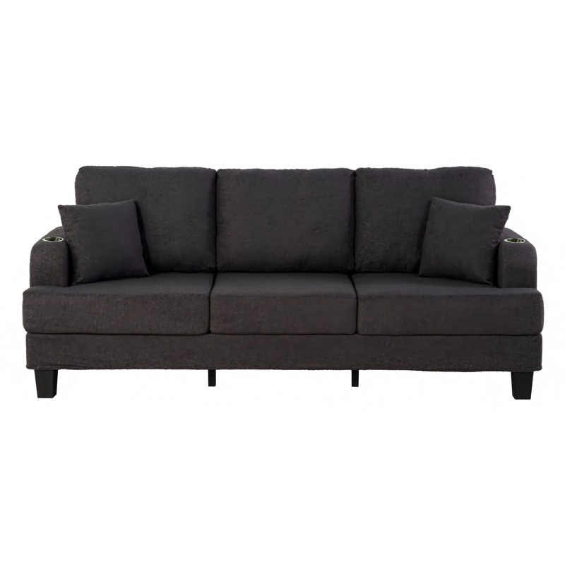 84.25" Modern 3-Seat Upholstered Square Arm Sofa with Cup Holders, Pockets, and USB Prots, Beige Fabric