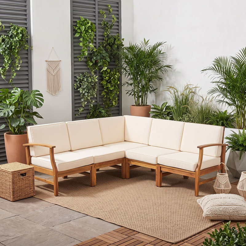 Ensemble modulaire d'extérieur 5 pièces en bois d'acacia avec coussins et loquets de patio intégrés, Crème