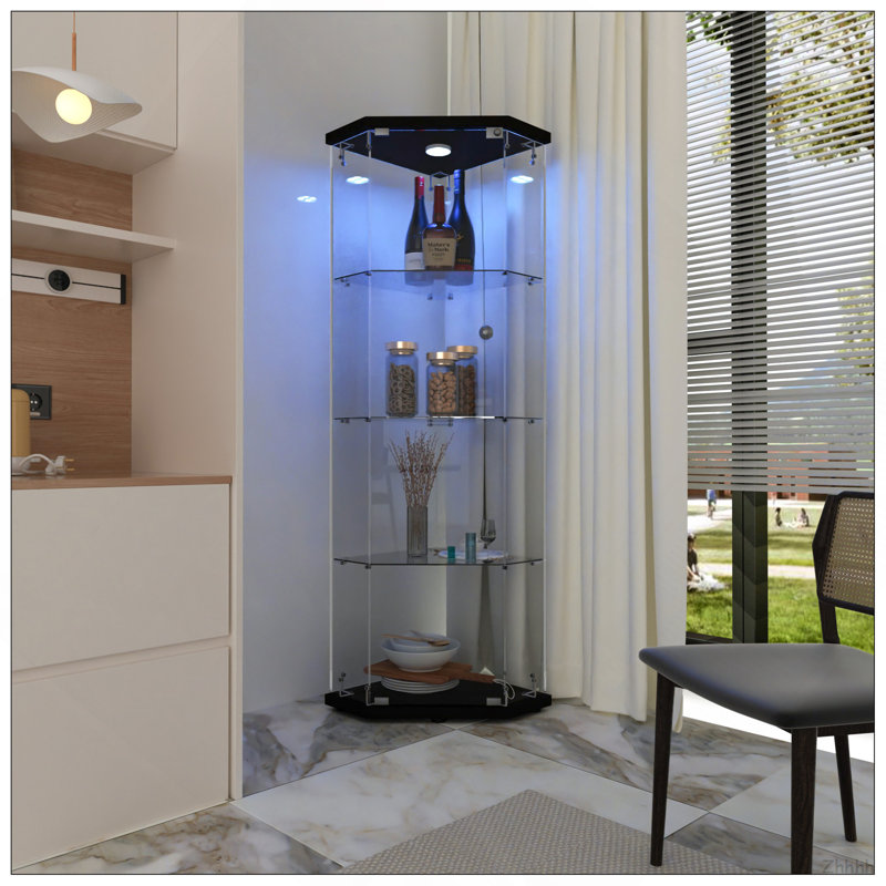 Vitrine en verre avec 4 tablettes, Pentagone, DEL, armoires pour le salon, la chambre à coucher, le bureau, bibliothèque en verre au sol noir, installation rapide