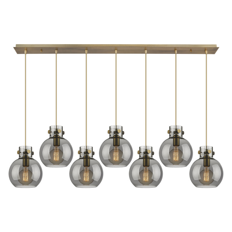 Luminaire suspendu sphère 7 lumières Amrith, Laiton brossé, Gris fumée clair