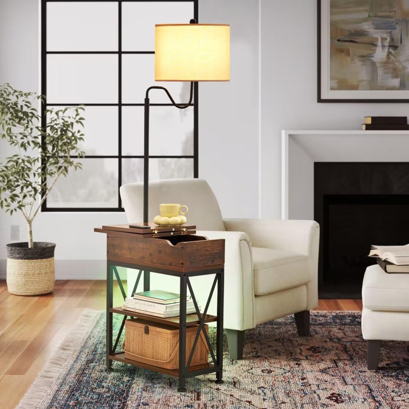 Rustic Brown LED Floor Lamp With Flip Top Side Table, USB Charging Ports, And Remote Control