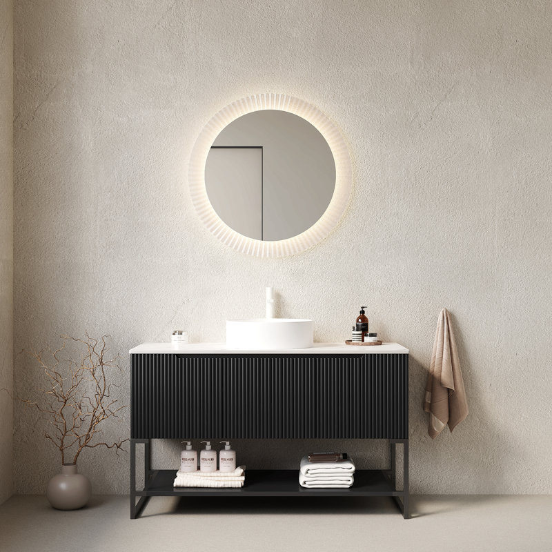 Meuble-lavabo 48 po, meuble-lavabo autoportant avec 3 portes et tablette ouverte, vasque ronde en céramique blanche et comptoir en pierre frittée blanche de Carrare