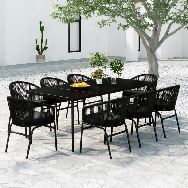 Keyuntae 8 - Person Wicker Patio Dining Set with Rectangular Table , Cushions Included, Black Frame/Black Cushion