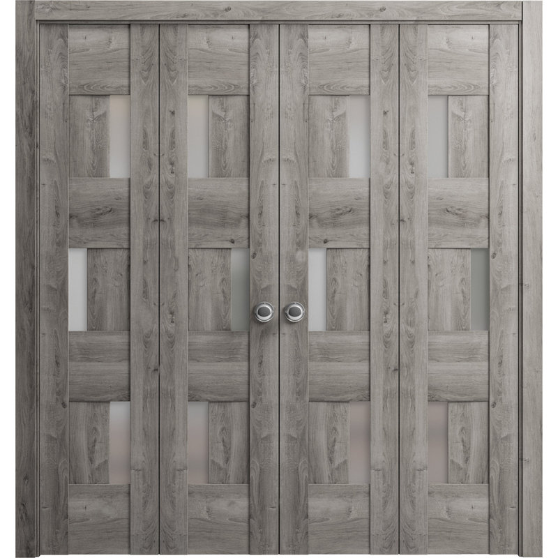 Portes coulissantes doubles pliantes pour placard 96 x 80 (4 x 24 x 80) Sete 6933 Gris Nebraska avec verre dépoli, rails robustes, moulures, garnitures, quincaillerie, portes de placard en bois massif pour chambre à coucher