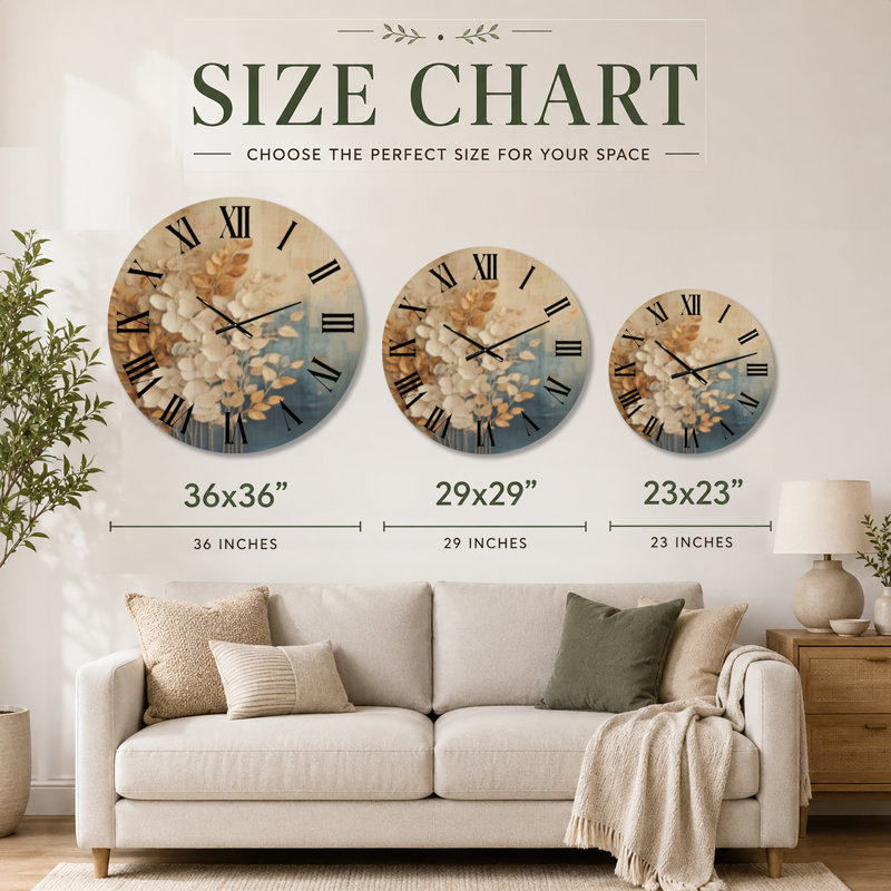 Horloge murale en bois glamour Ivory Blossoms et feuilles dorées, Extra Large
