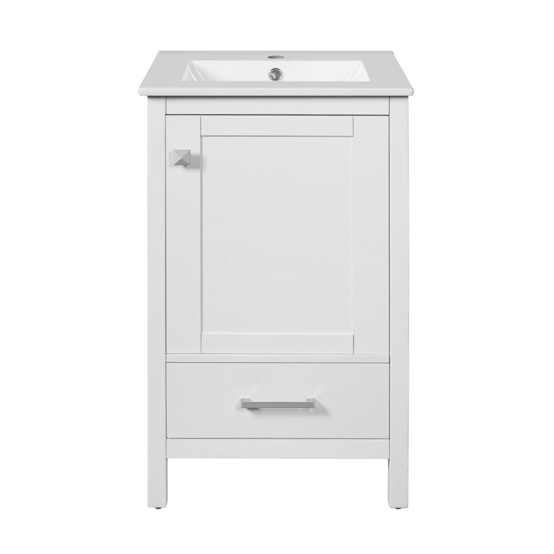 Meuble-lavabo moderne de 20 pouces avec lavabo en céramique, tiroirs et portes à fermeture douce et support de rangement intérieur à deux niveaux, blanc