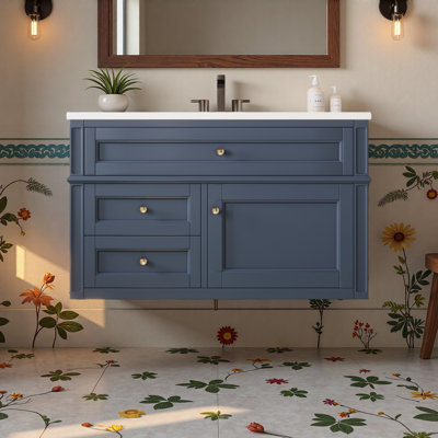 Meuble-lavabo mural 36 po, armoire de rangement flottante avec 2 tiroirs, 1 tiroir basculant, lavabo simple en céramique 3 trous