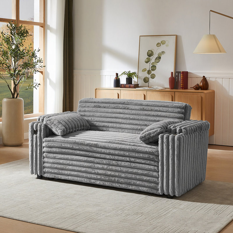 Corduroy Sofa Bed With Pull Out Bed, Light Gray