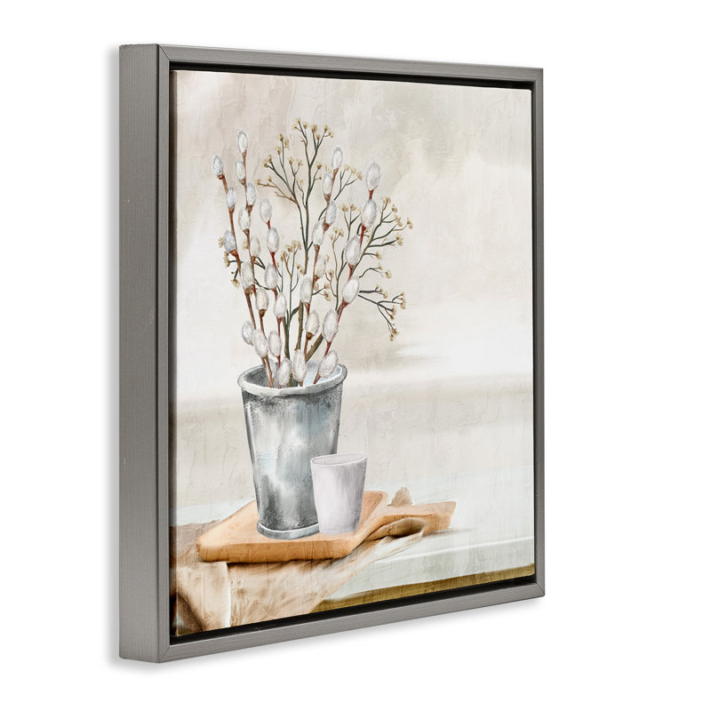 Art mural sur toile flottant, "Pussy Willow Still Life" par Ann Bailey, Cadre flottant gris lustré, H 25 po x l 25 po
