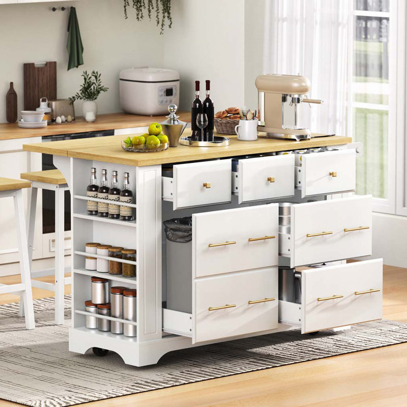 51.2" Wide Kitchen Island With Drop Leaf, White