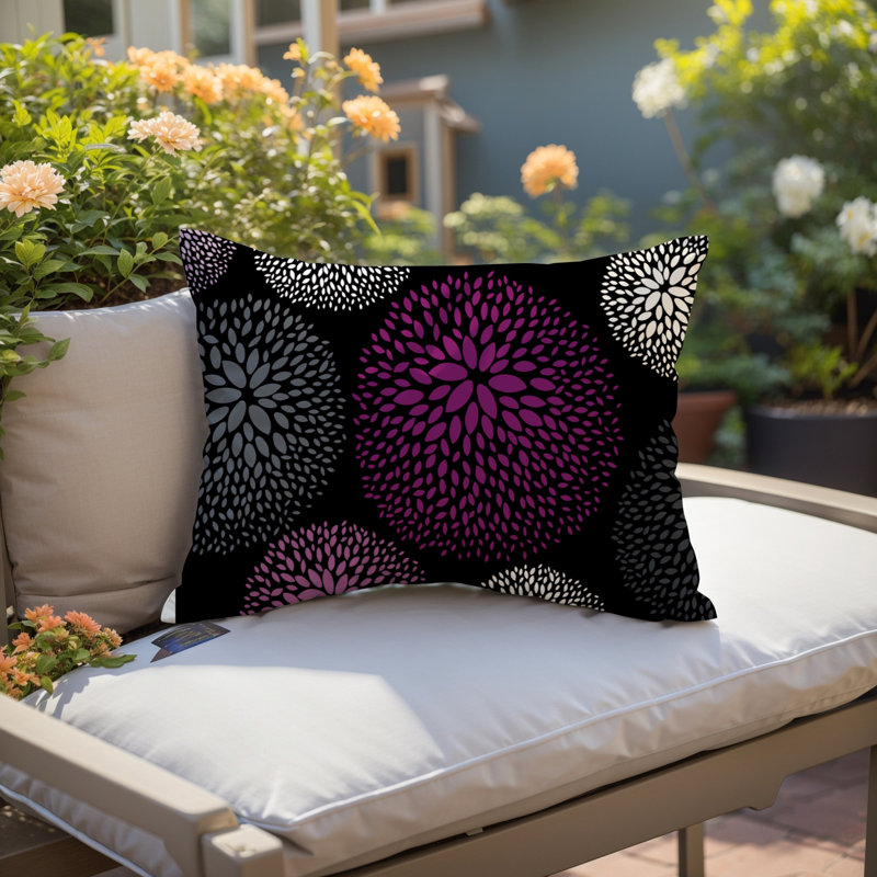 Coussin décoratif intérieur / extérieur en polyester filé floral Bavière, Mauve / Noir