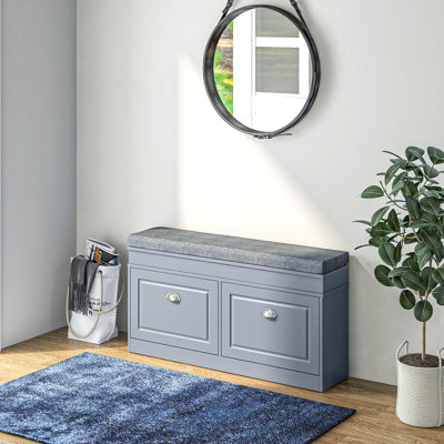 Range-chaussures pour hall d'entrée avec coussin, 2 tiroirs, tablette réglable en gris - peut contenir 8 paires de bancs d'armoire et matériel adapté