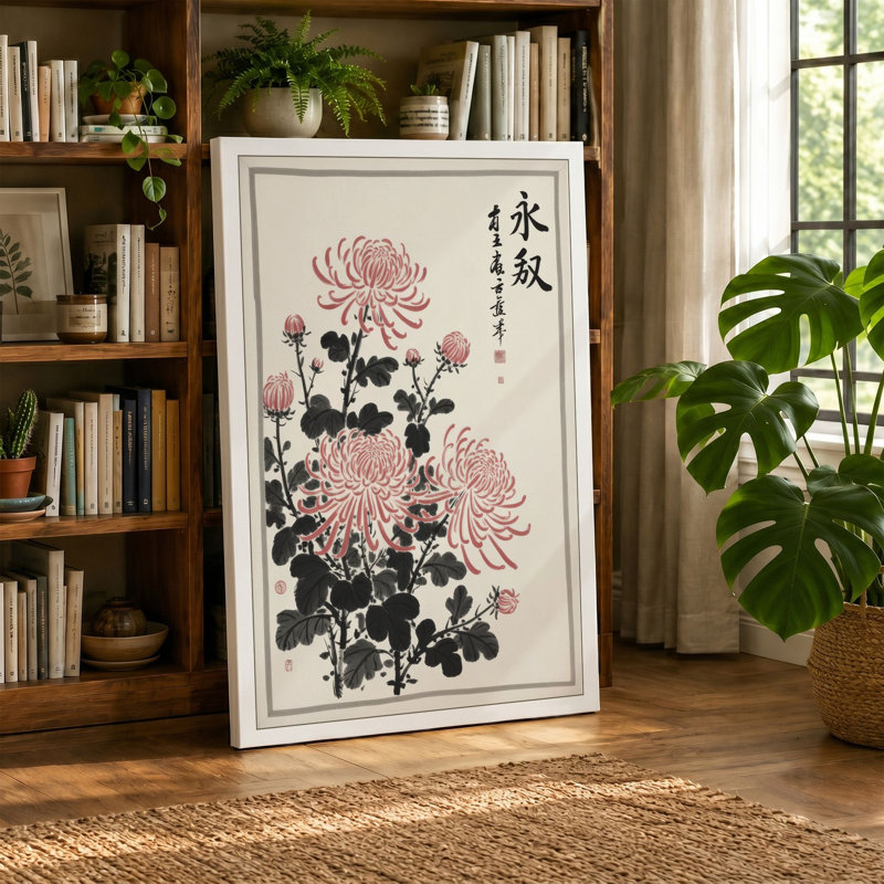 Chrysanthemum Study Japandi - Wrapped Canvas, 36x24 - 91.4 x 61.0 cm, Teal Border