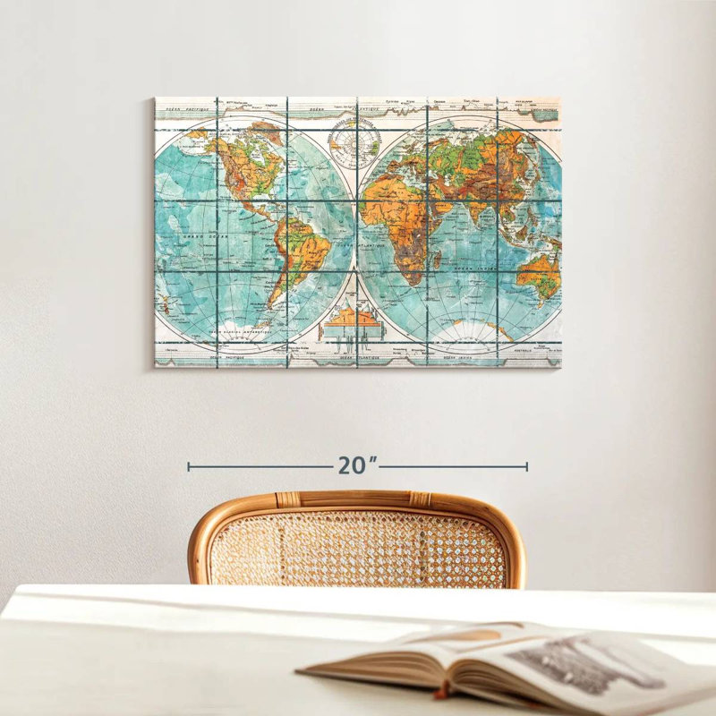 Globe terrestre carte du monde sur toile, H 16 po x l 24 po x P 1,25 po
