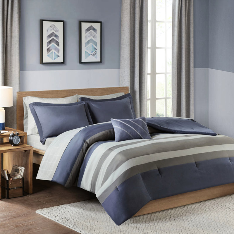 Édredon simple à rayures et drap avec oreiller - Draps de lit bleu et gris
