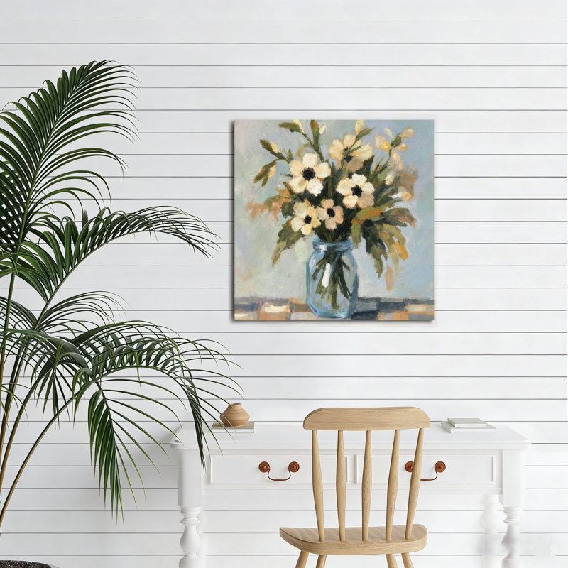 Pot de fleurs crème au centre noir, sans cadre, murale, 16 x 16 po