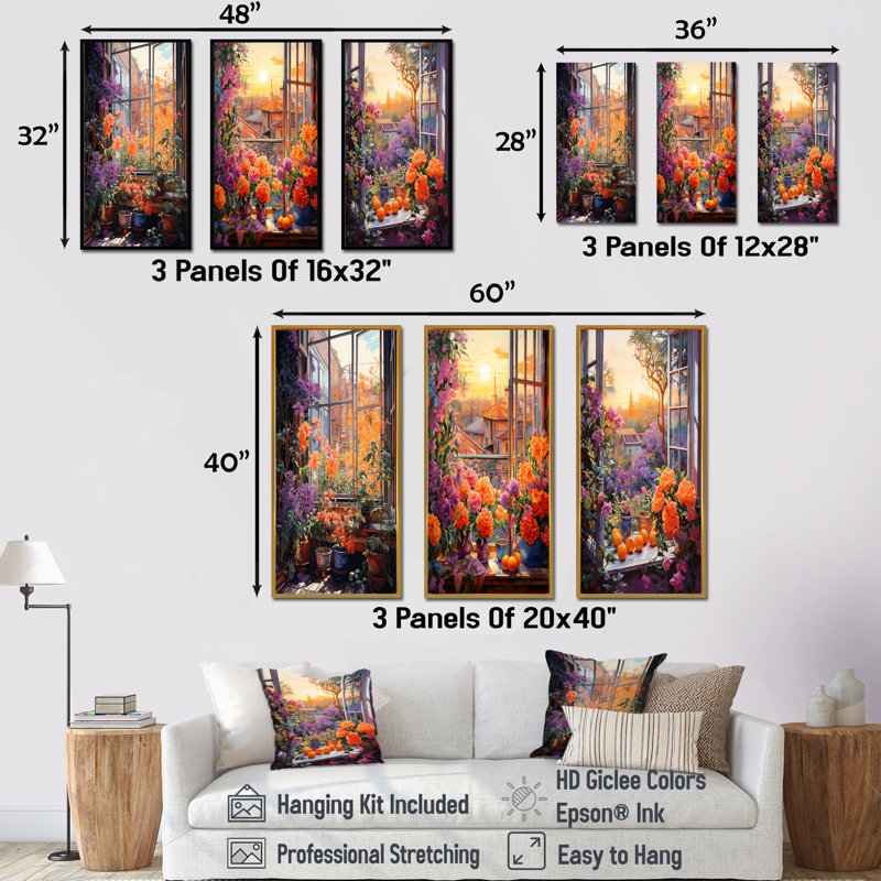 «Sunset Florals», Windows View In Italy I - ensemble de 4 impressions sur toile de fenêtre, Cadre flottant brun