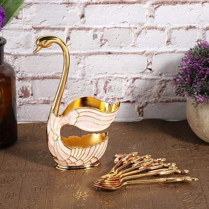 Ensemble de cuillères à dessert en métal de luxe avec porte-base de cygne avec 6 pièces de cuillères à crème glacée, fourchettes, cuillères à café, dessert, salade, sucre, couverts