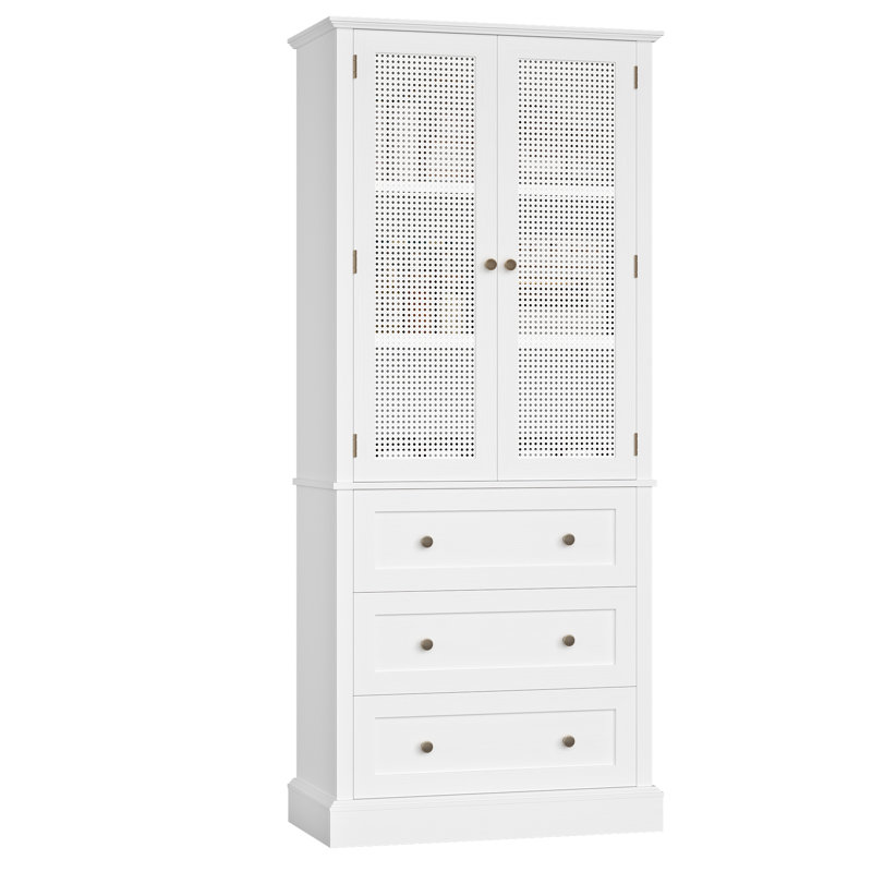 Garde-manger à porte en rotin autoportante de 73 po avec porte-bouteilles amovible Ashlon, blanc, 3 tiroirs, blanc, Blanc