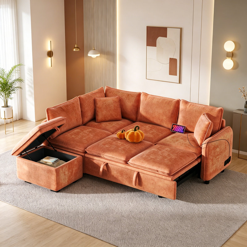 Sleeper Sofa Convertible Sofa Bed Sofa Arm Sofa Bed Couch Sleep Sofa Comfy Sofa Modern Sofa, Orange Chenille