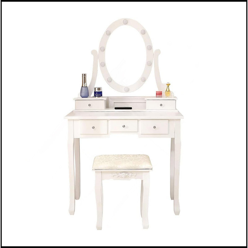 Ensemble de coiffeuse et tabouret de maquillage, miroir de coiffeuse avec lumières et ensemble de table, petite table de coiffeuse pour chambre à coucher (blanc)