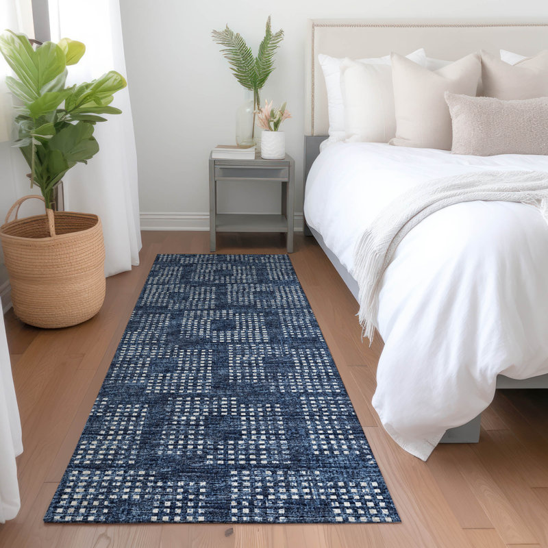 Premium Machine Washable Mayfield AMF33 Geometric Rug, Blue, 2'3" x 7'6" Runner