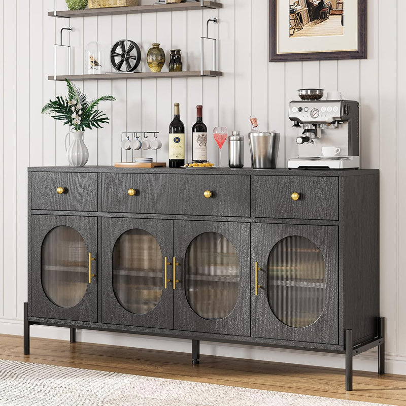 62'' Buffet Cabinet with Storage,Large Sideboard Cabinet,Coffee Bar Cabinet with 3 Drawers and 4 Fluted Glass Doors for Home,Kitchen,Dining Room