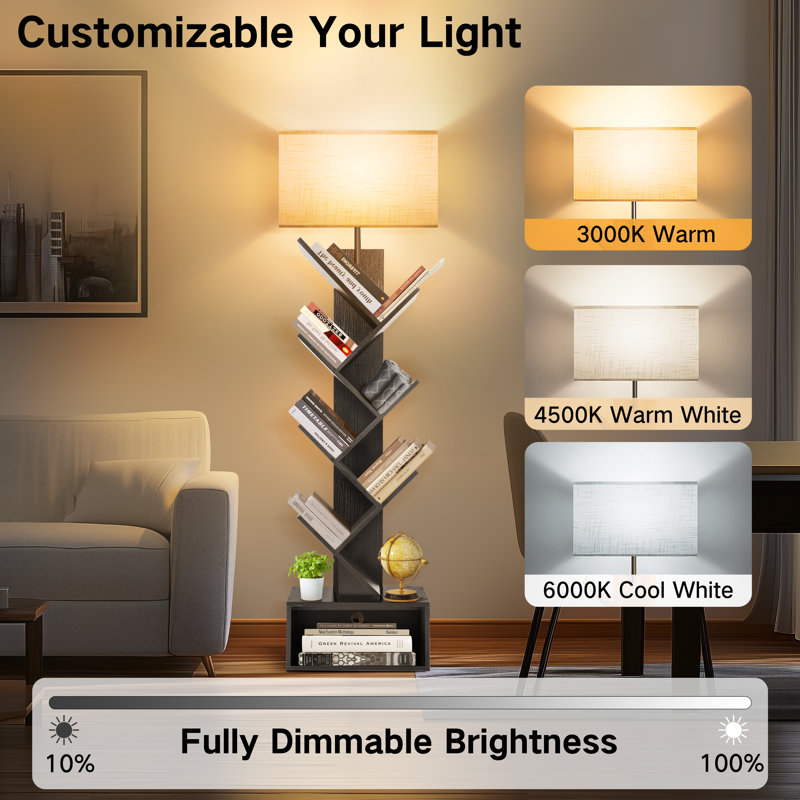 57" LED Tree Floor Lamp with Bookcase and Remote Control, White, Black