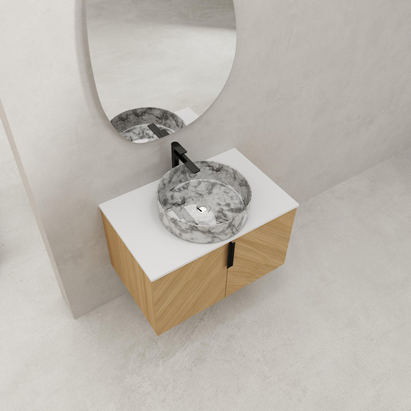 Meuble-lavabo de salle de bain avec lavabo d'art supérieur en céramique et dalle de pierre artificielle, porte à fermeture douce, fixation murale