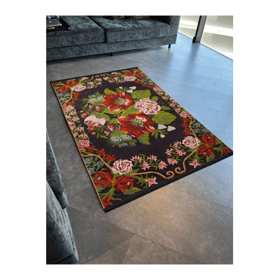Tapis multicolore à motif floral rose moyen lavable à la machine