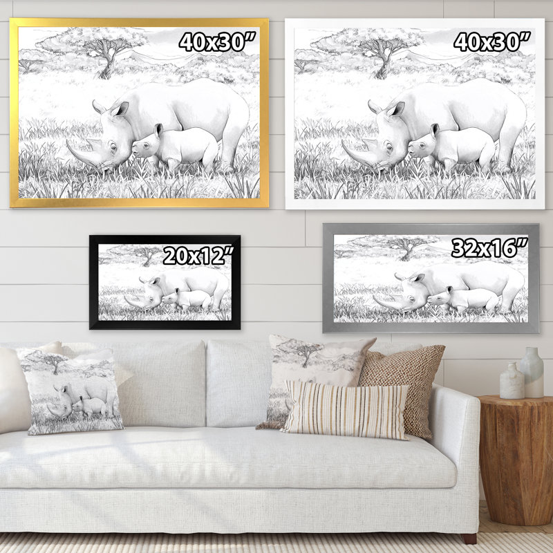 Rhino in African Safari - peinture sur toile, H 16 po x l 32 po, Toile à cadre d'angle fermé doré