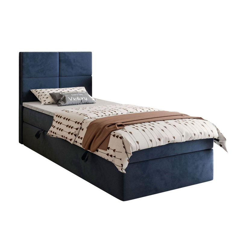 Upholstered Bed with Mattress, 90cm W x 200cm L, Blue / White / Grey