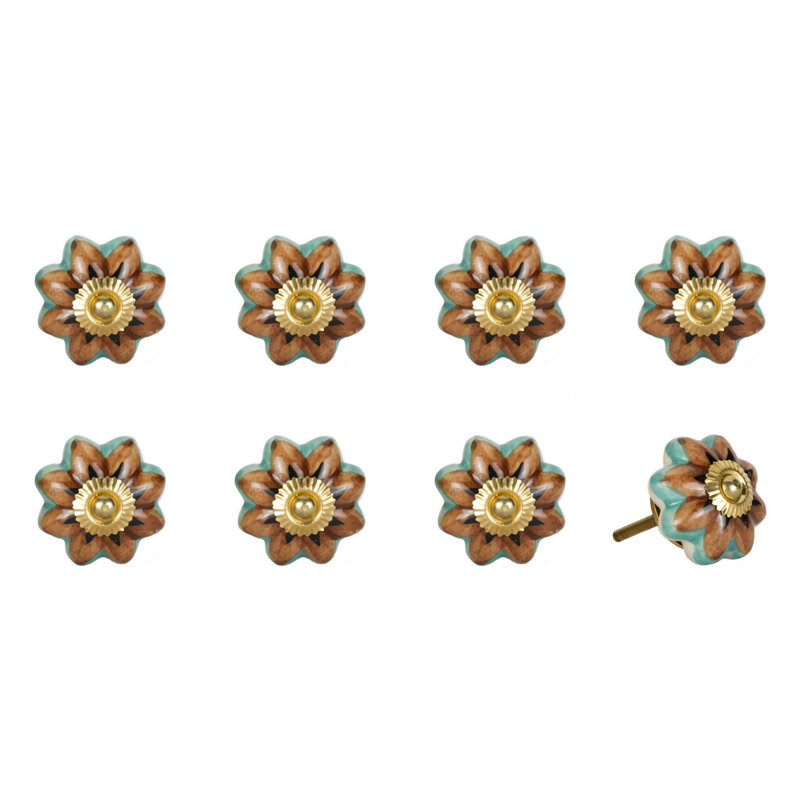 Set of Eight Blue And Red Ceramic And Metal Drawer Pull Knobs