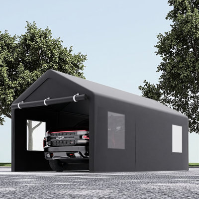 Grey 10x20ft Portable Garage Carport Canopy - Stable Structure, Waterproof Covering For Vehicles Heavy Duty Gazebo Garage, Removable Doors, Enhanced Ventilation Performance