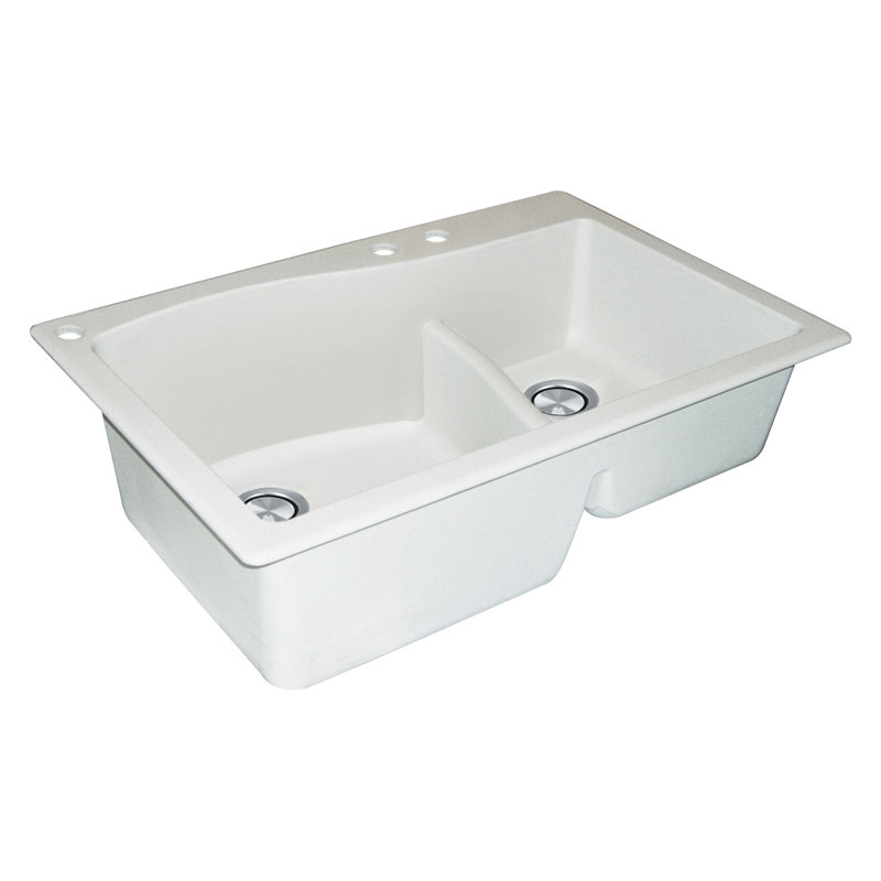 Aversa 33'' L Double Bowl Granite Kitchen Sink, White, 3-BAC Hole