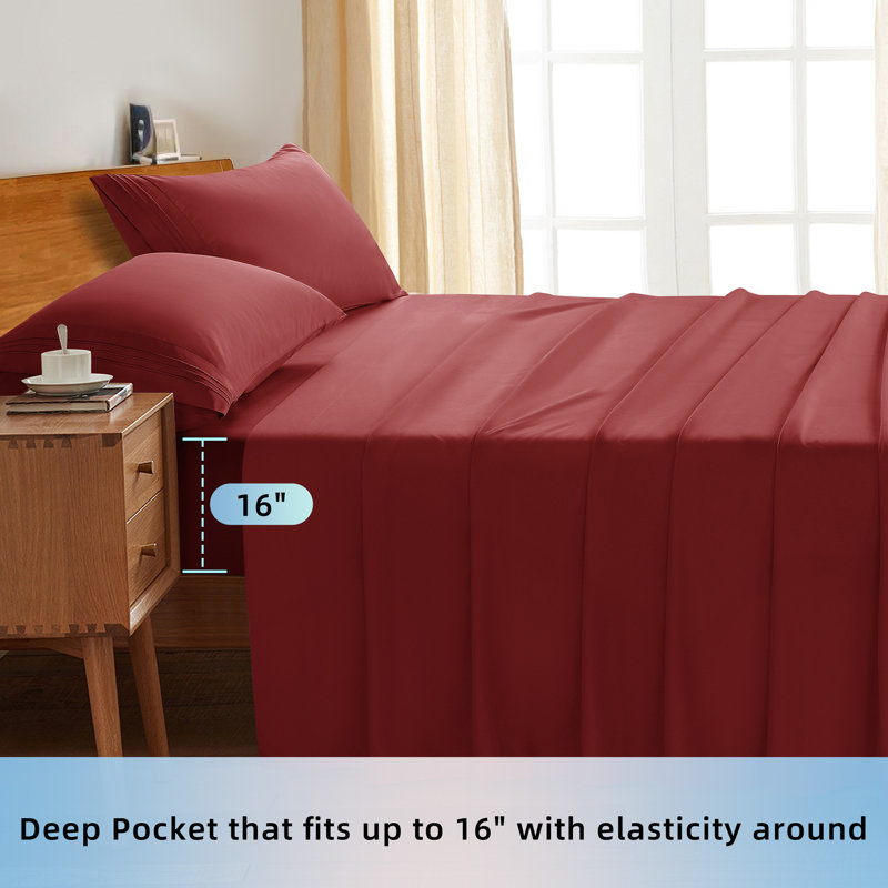 Microfiber Sheet Sets 4 Pieces, CalKing SheetSet 1FittedSheet & 2KingPillowcase, Burgundy