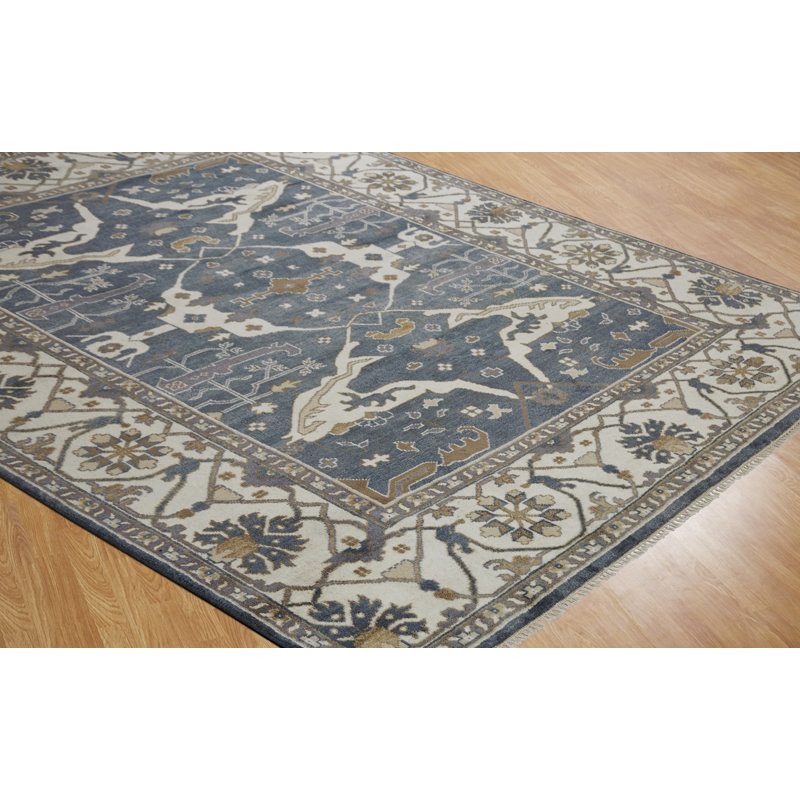 Mitul Wool Oriental Area Rug in Blue/Ivory, Rectangle 8' x 10'